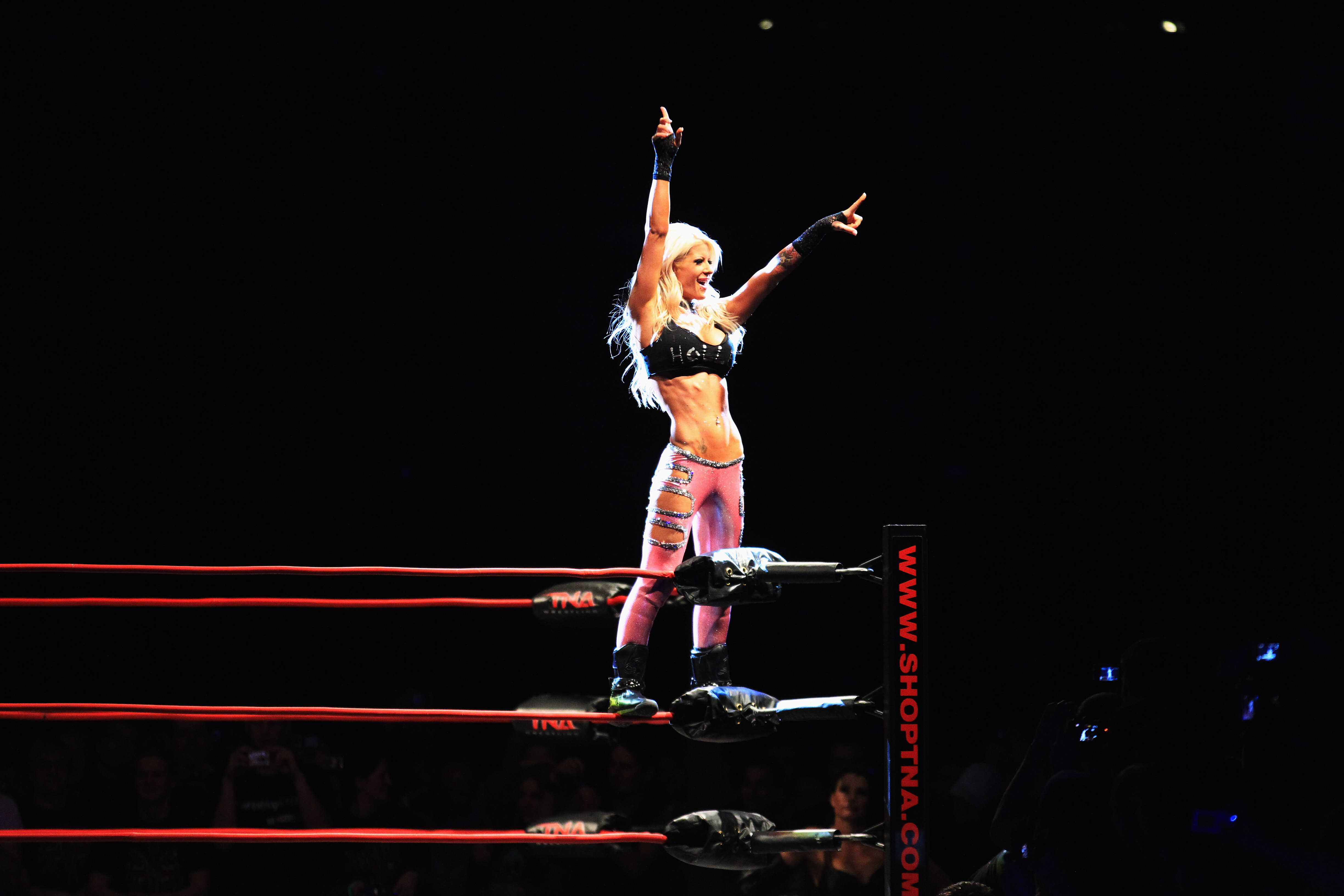 BERLIN, GERMANY - JANUARY 25: Madison Rayne and Tara competes in the ring against Angelina Love and Mickie James during the TNA Wrestling - European Tour at O2 Arena on January 25, 2011 in Berlin, Germany. (Photo by Joern Pollex/Bongarts/Getty Images)