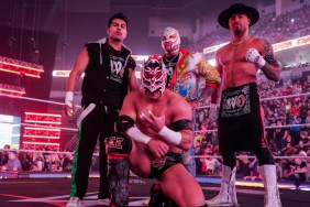 Joaquin Wilde (right) poses with the lWO before their match against American Made and El Grande Americano on WWE RAW.